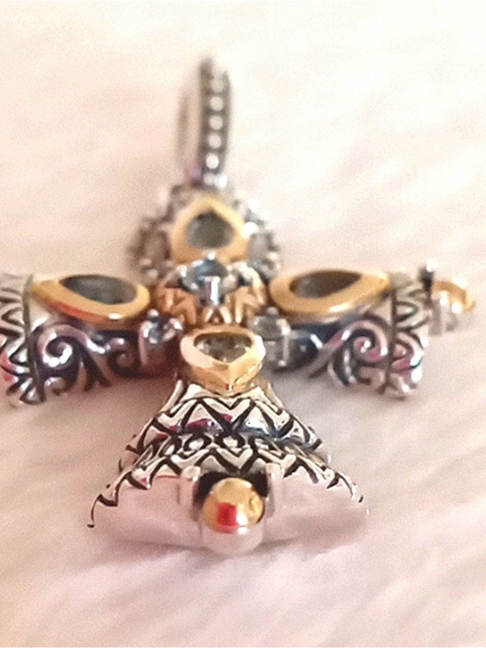 Two-Tone Silver and Gold Cross Pendant Necklace with Clear Stones - Picture 5 of 5